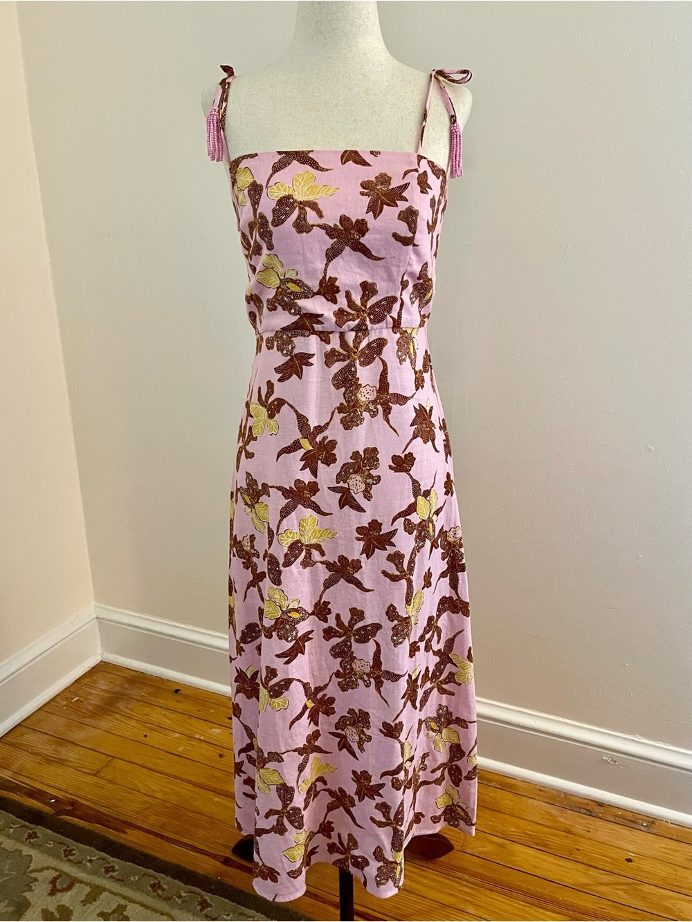 House of Harlow 1960 Pink Linen Floral Cutout Midi Dress XS Adjustable Tie Strap